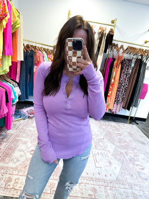 Level Up Waffle Knit Henley Top - Lavender