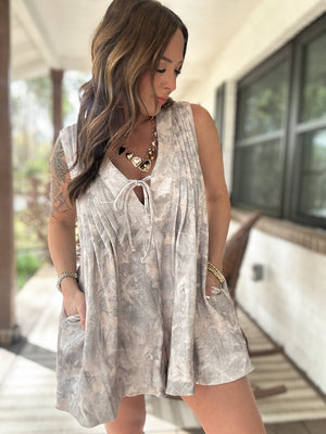 Amelia French Terry Pleated Romper - Woodsy Camo