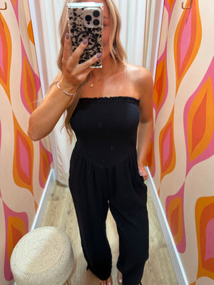 Britt Strapless Smocked Waist Jumpsuit