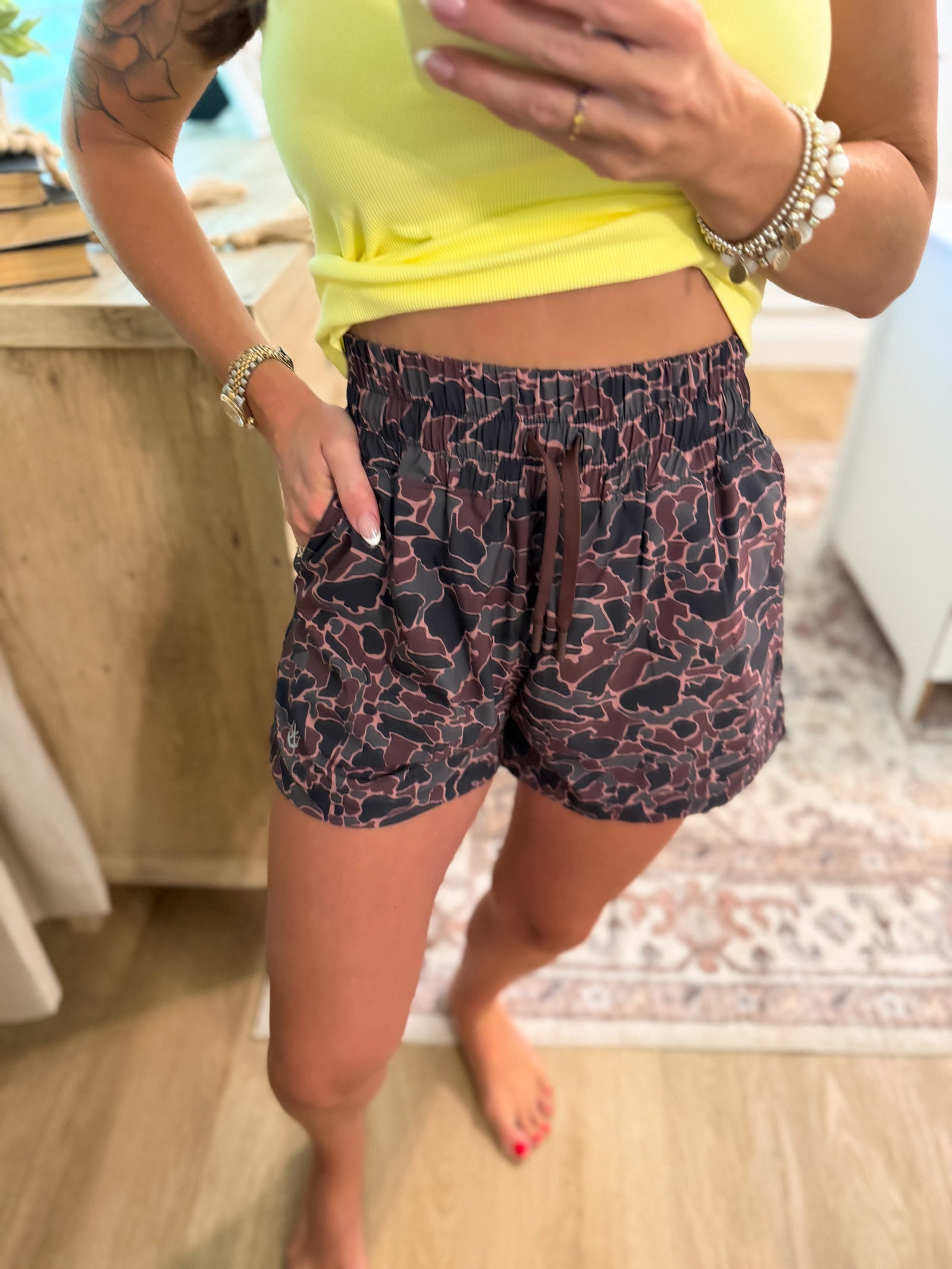 Old Row High Waisted Camo Shorts - Brown