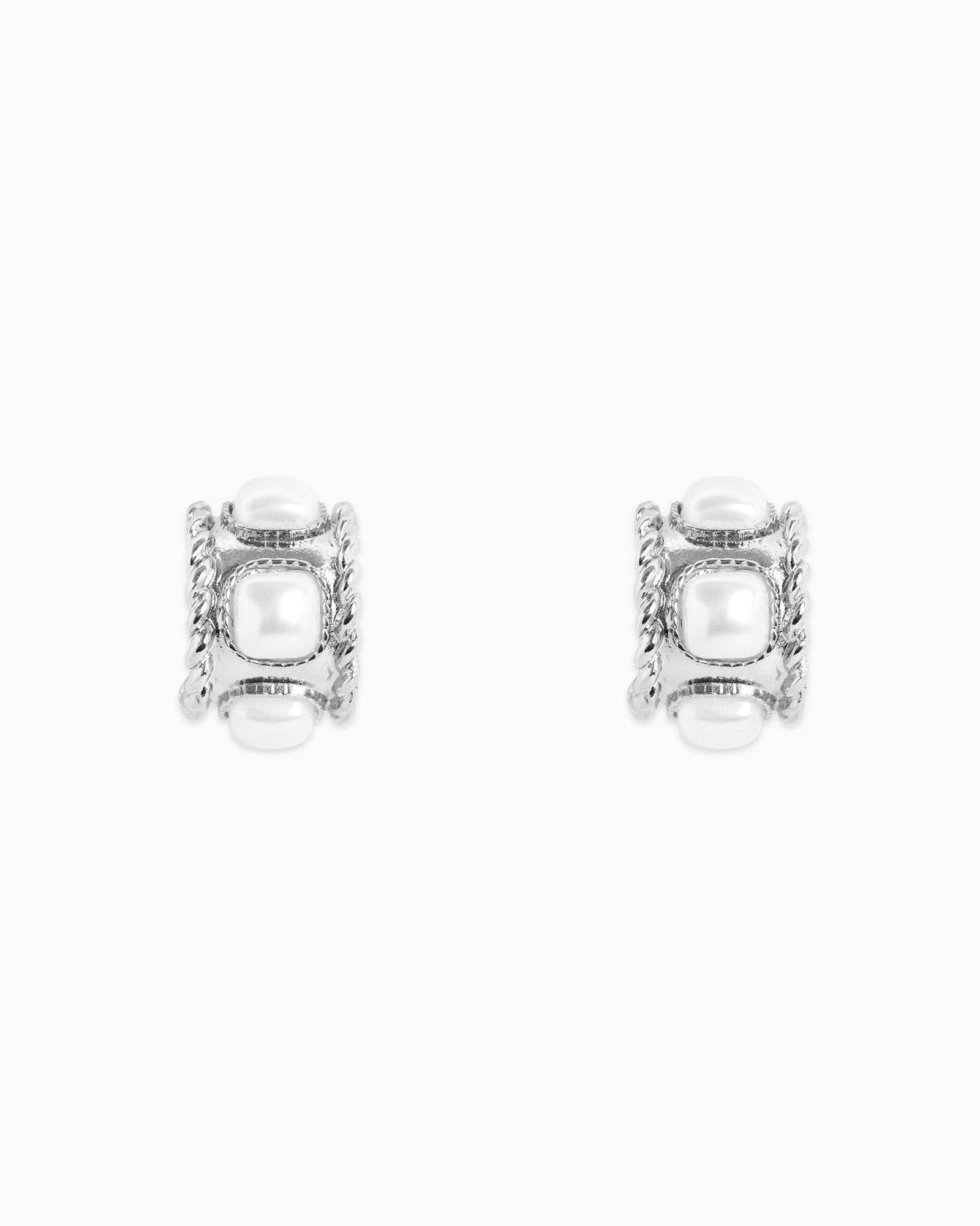 Rope Textured Square Pearl Hoop Earring - Silver