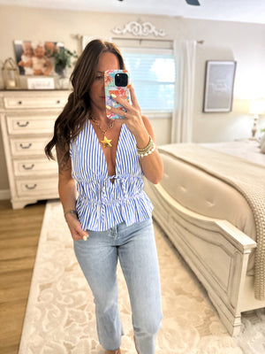 Claire Striped Ruffle Tank - Bright Blue