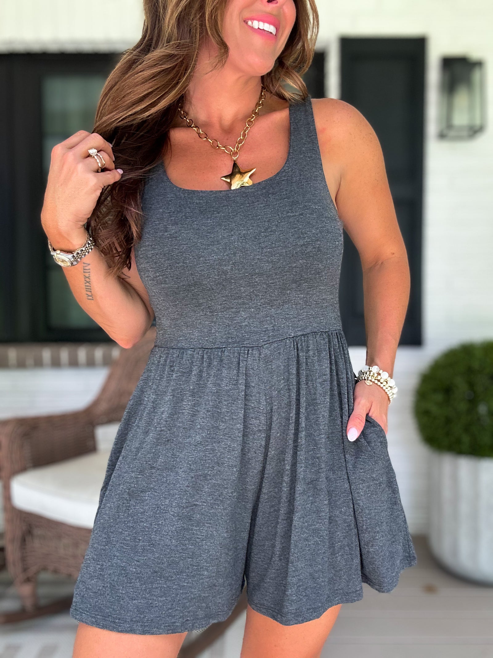 Just My Type Double Layer Romper - Charcoal