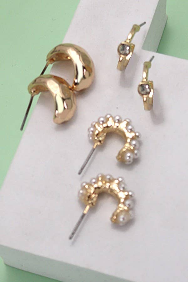 Trio Pearl Huggie Hoop Earrings