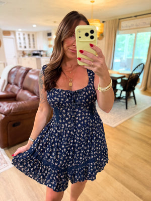 Ellie Tie Front Floral Printed Romper - Navy