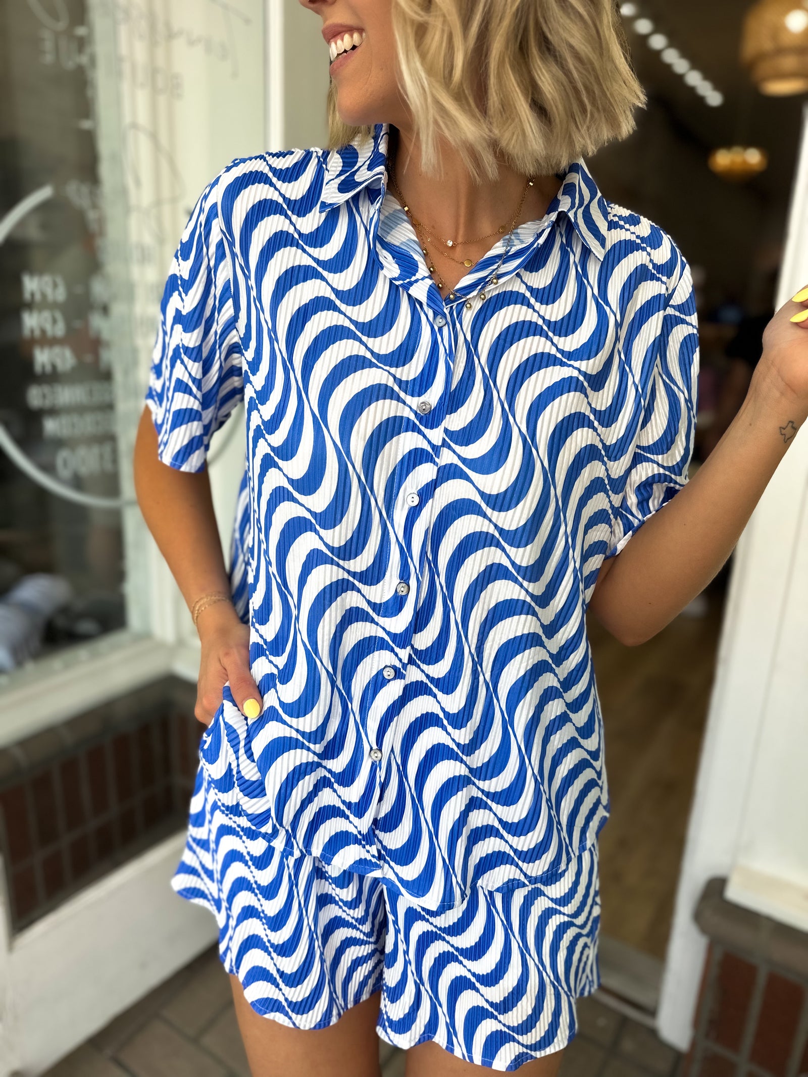 Feeling Groovy Pleated Plisse Button Top