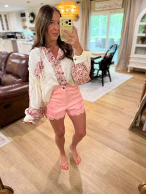 Ariel Balloon Sleeve Gauze Floral Placket Jacket