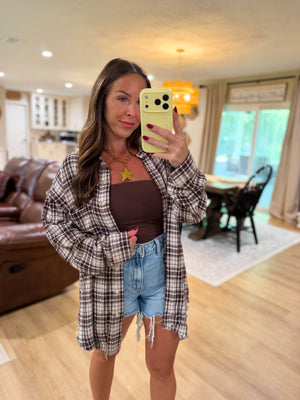Sterling Plaid Collared Button Down Distressed Top - Brown