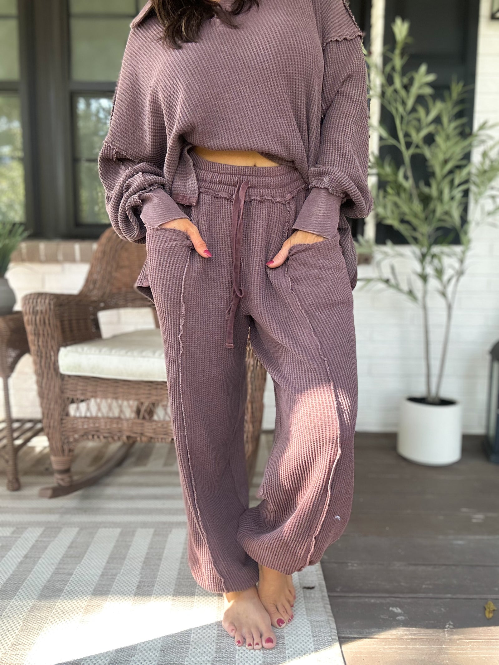 Christina Mineral Washed Waffle Pants - Cherry