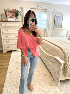Alyse Oversized V-Neck Short Sleeve Top - Pink