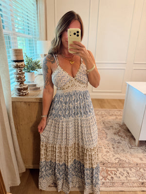Georgia Mix Print Lace Trim Maxi Dress - Vintage Blue