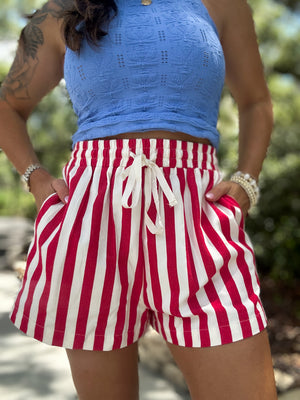 Ella Stripe Twill Denim Shorts - Red