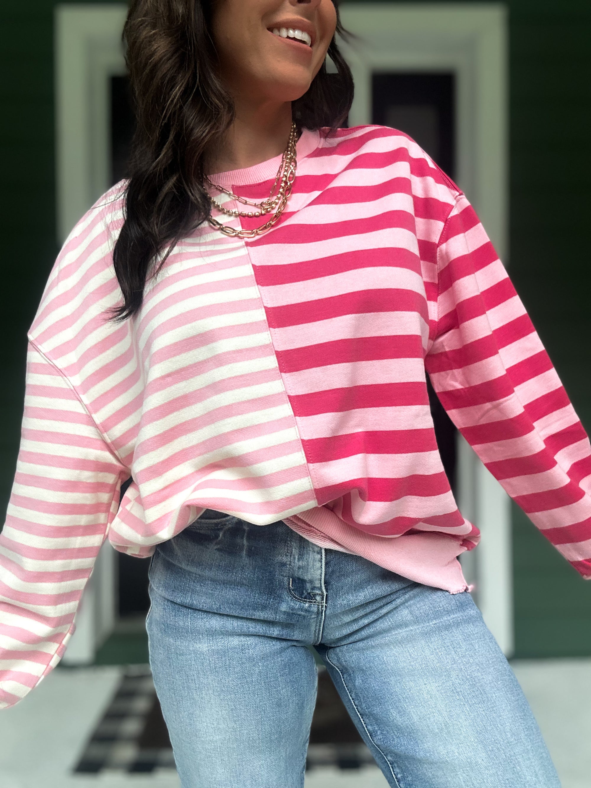 Drea Contrast Striped French Terry Top - Pink