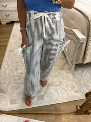 Brittan Striped Textured Pants - Denim/White