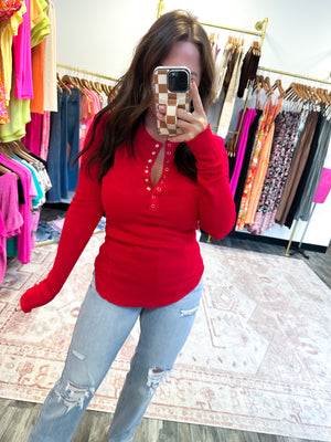 Level Up Waffle Knit Henley Top - Red