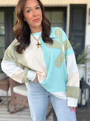 Drue Flower Patch Long Sleeve Sweater - Aqua