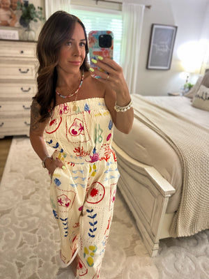 Shelby Coastal Motif Denim Strapless Jumpsuit