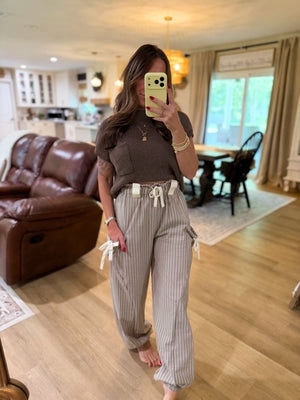 Brittan Striped Textured Pants - Taupe/White
