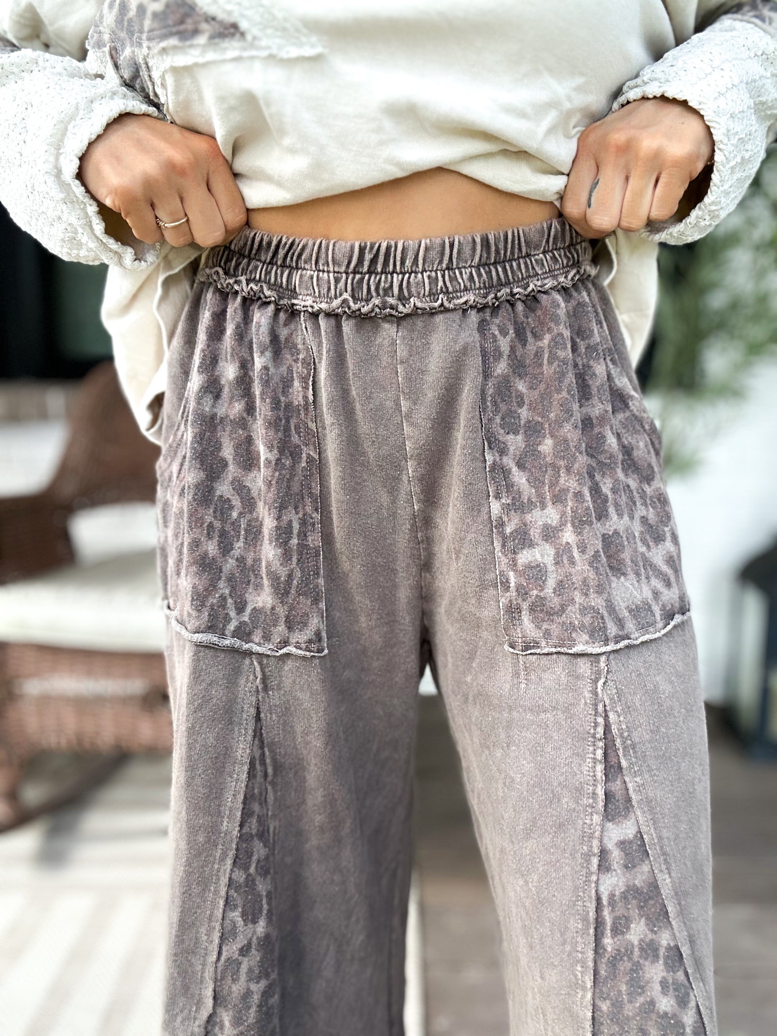 Lexi Mineral Washed Leopard Flare Pants - Cocoa QUICK PREORDER