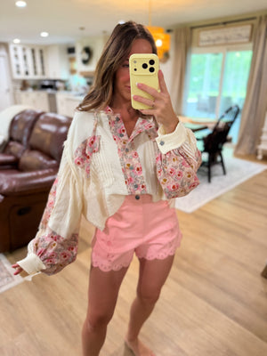 Ariel Balloon Sleeve Gauze Floral Placket Jacket