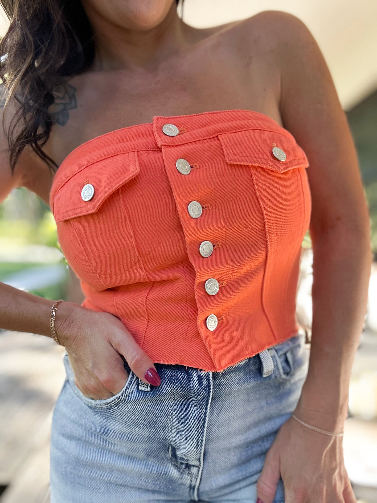 Kaylani Denim Corset Top- Orange