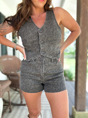 Teague Brown Cheetah Denim Vest Top