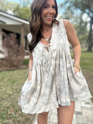 Amelia French Terry Pleated Romper - Woodsy Camo