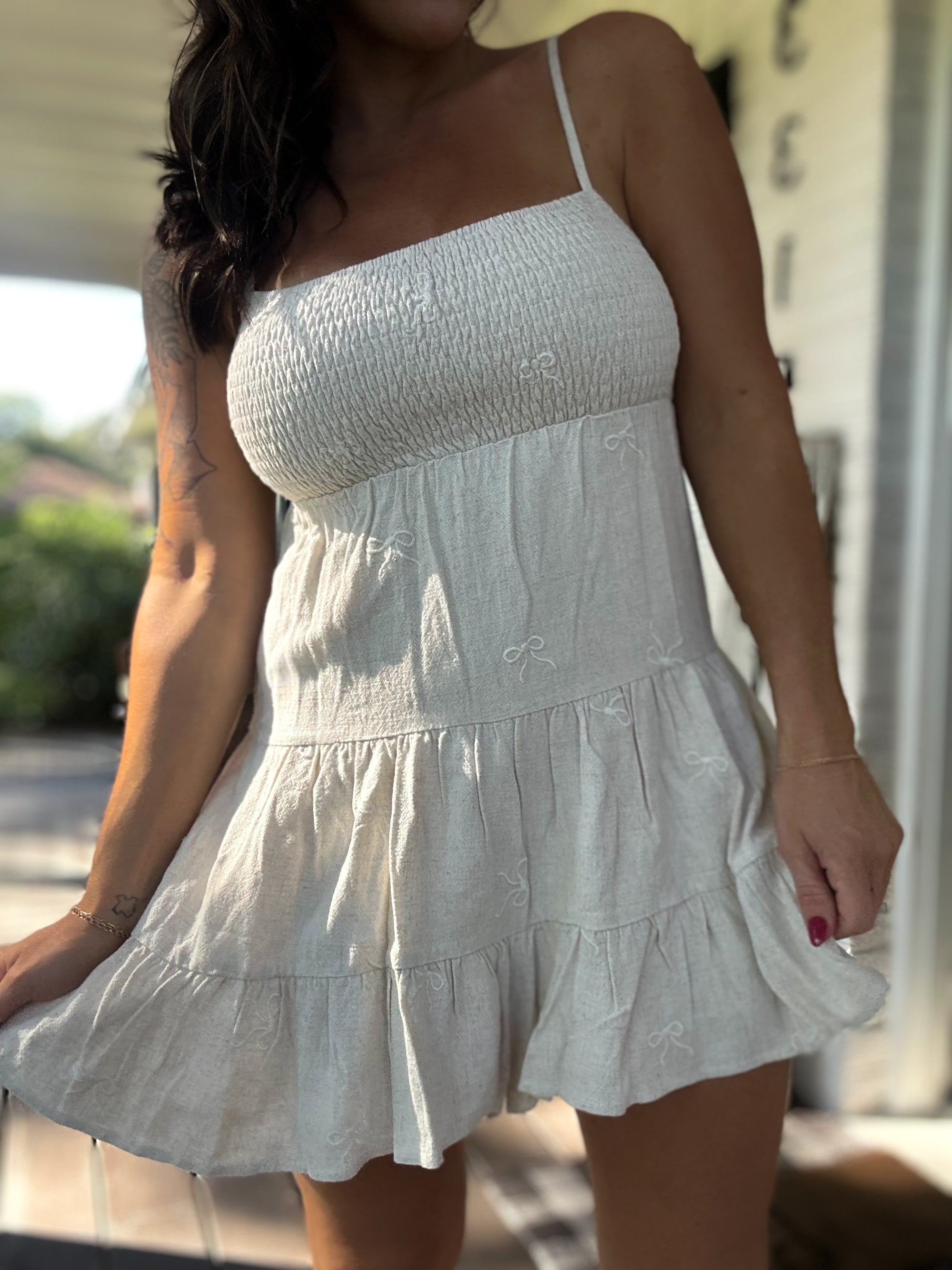 Shannon Bow Embroidered Tiered Romper - Ivory