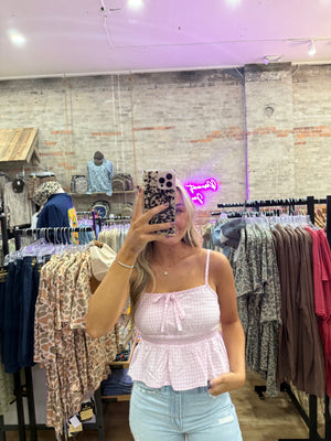 Kai Gingham Smocked Waist Cami Top - Pink