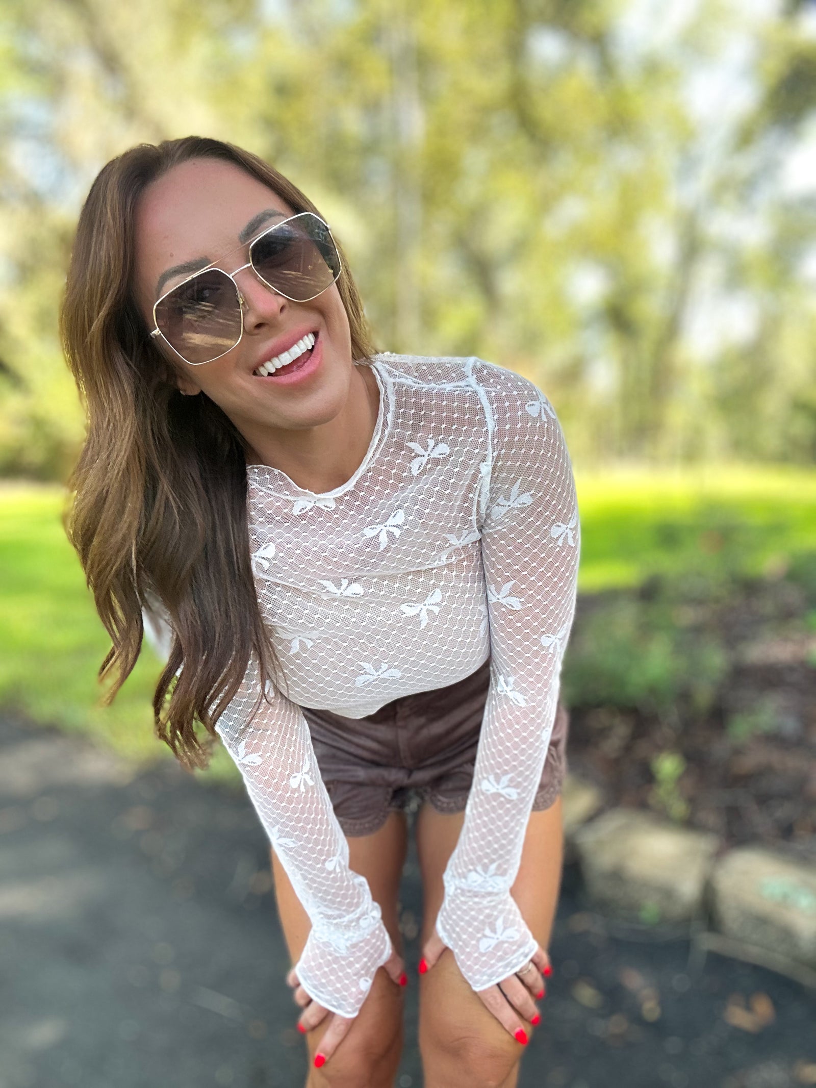 Just A Girl Bow Sheer Lace Top - White