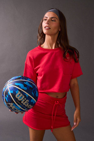 Nora Cropped Pocket Sweater Tee - Red