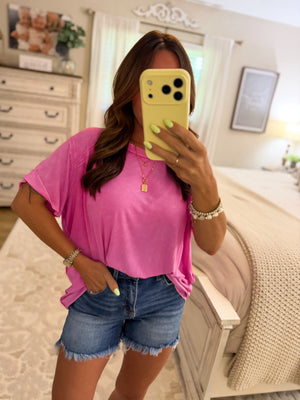 Milo Washed Ribbed Short Boat Neck Tee - Candy Pink