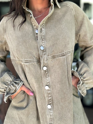 Millie Denim Button Down Dress - Olive