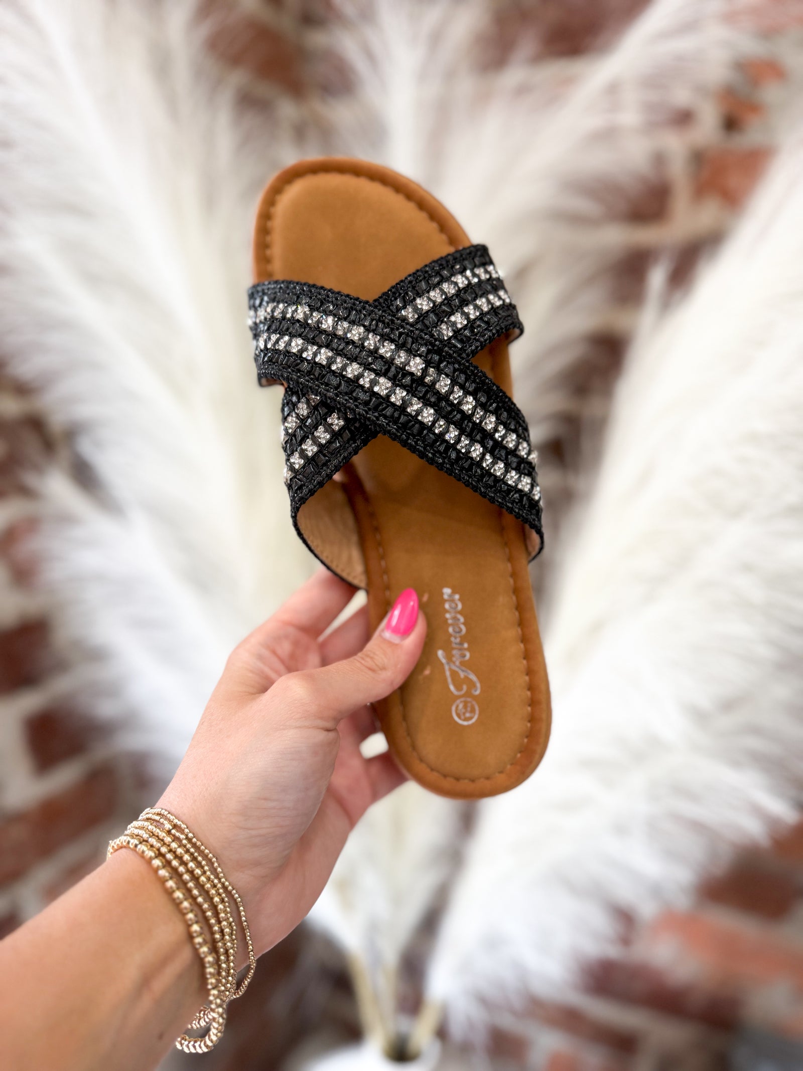 Maci Rhinestone Criss Cross Sandals - Black