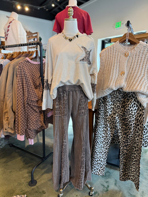 Lexi Mineral Washed Leopard Flare Pants - Cocoa