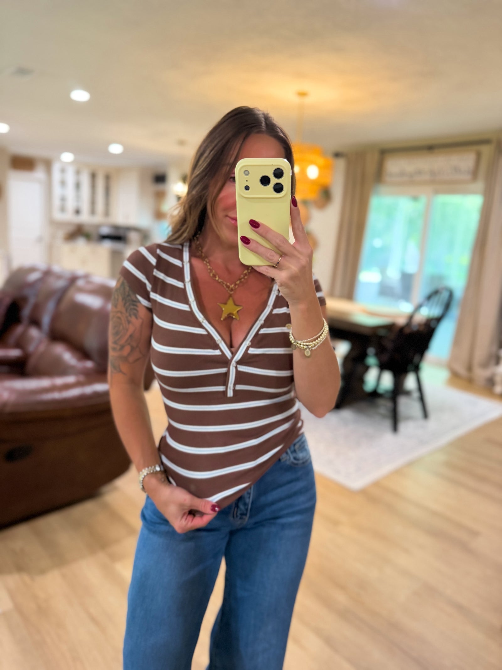 Teddi VNeck Striped Short Sleeve Top - Brown