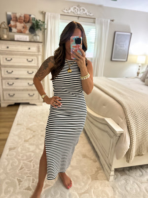 Colby Striped Ribbed Tank Dress -  Black
