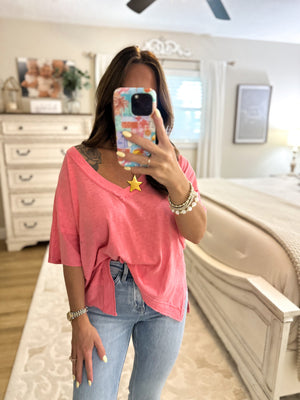 Alyse Oversized V-Neck Short Sleeve Top - Pink