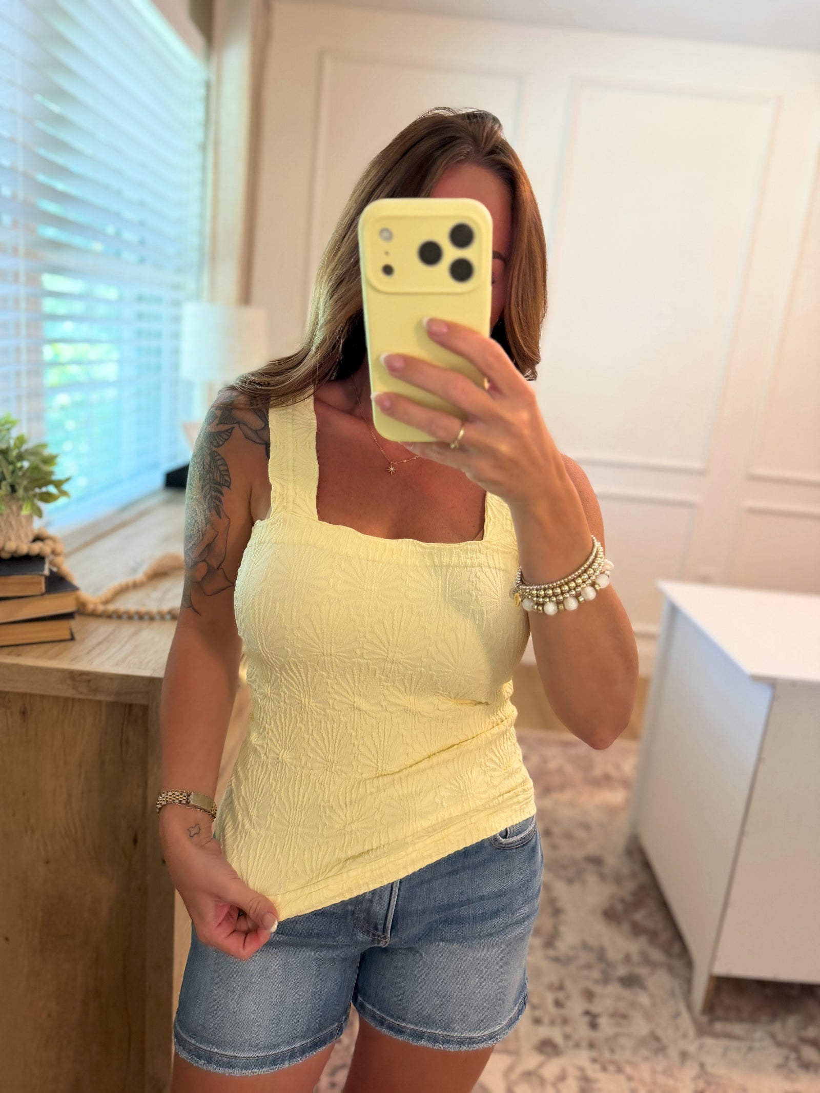 Clara Lace Textured Square Top - Banana