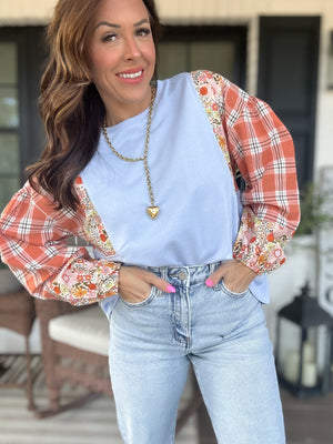 Kelli Flower Plaid Bubble Sleeve Top