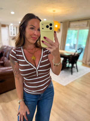 Teddi VNeck Striped Short Sleeve Top - Brown