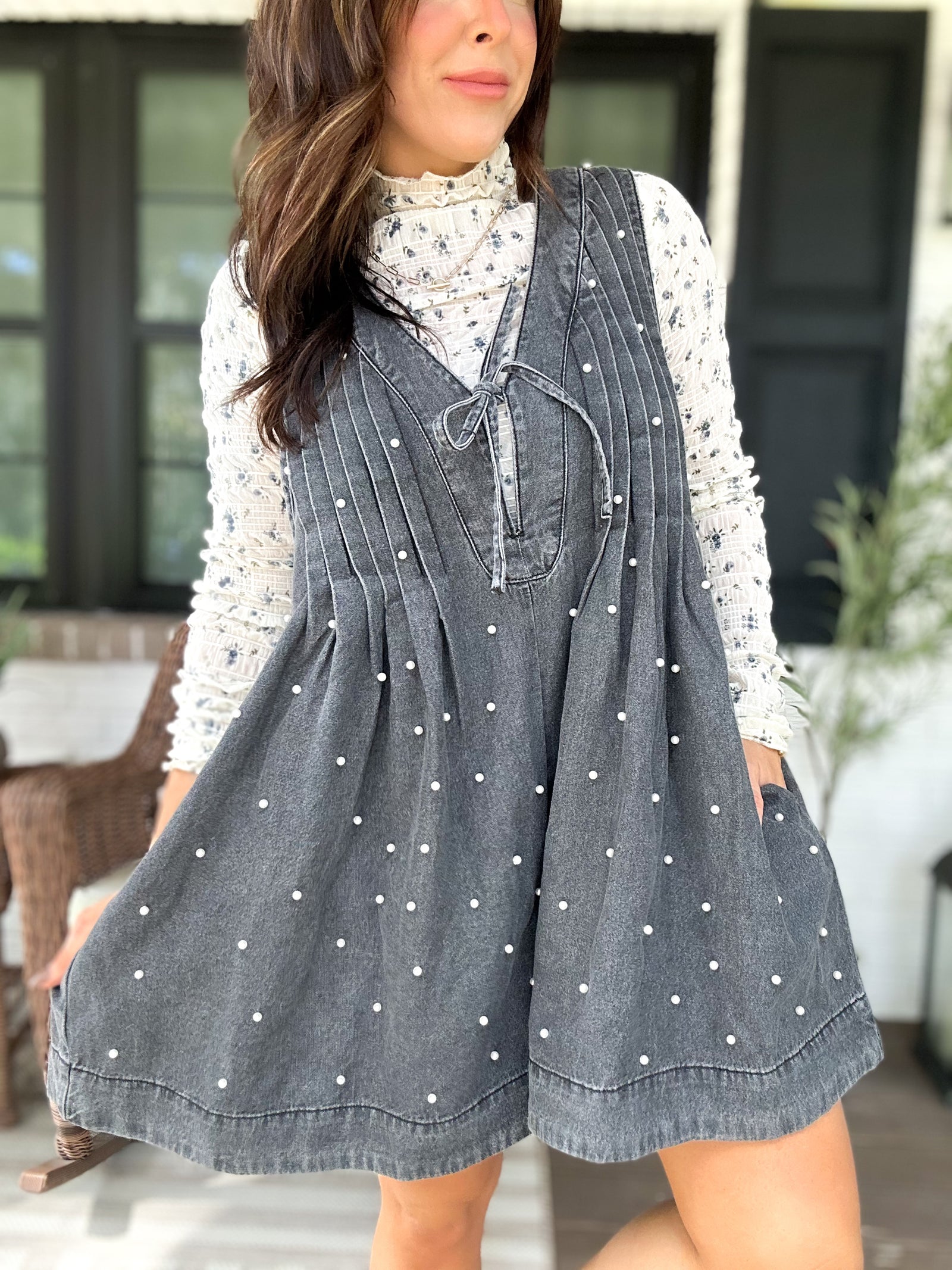 Alyssa Denim Pearl Romper- Denim Black