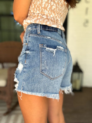 Kayden High Rise Distressed Denim Shorts