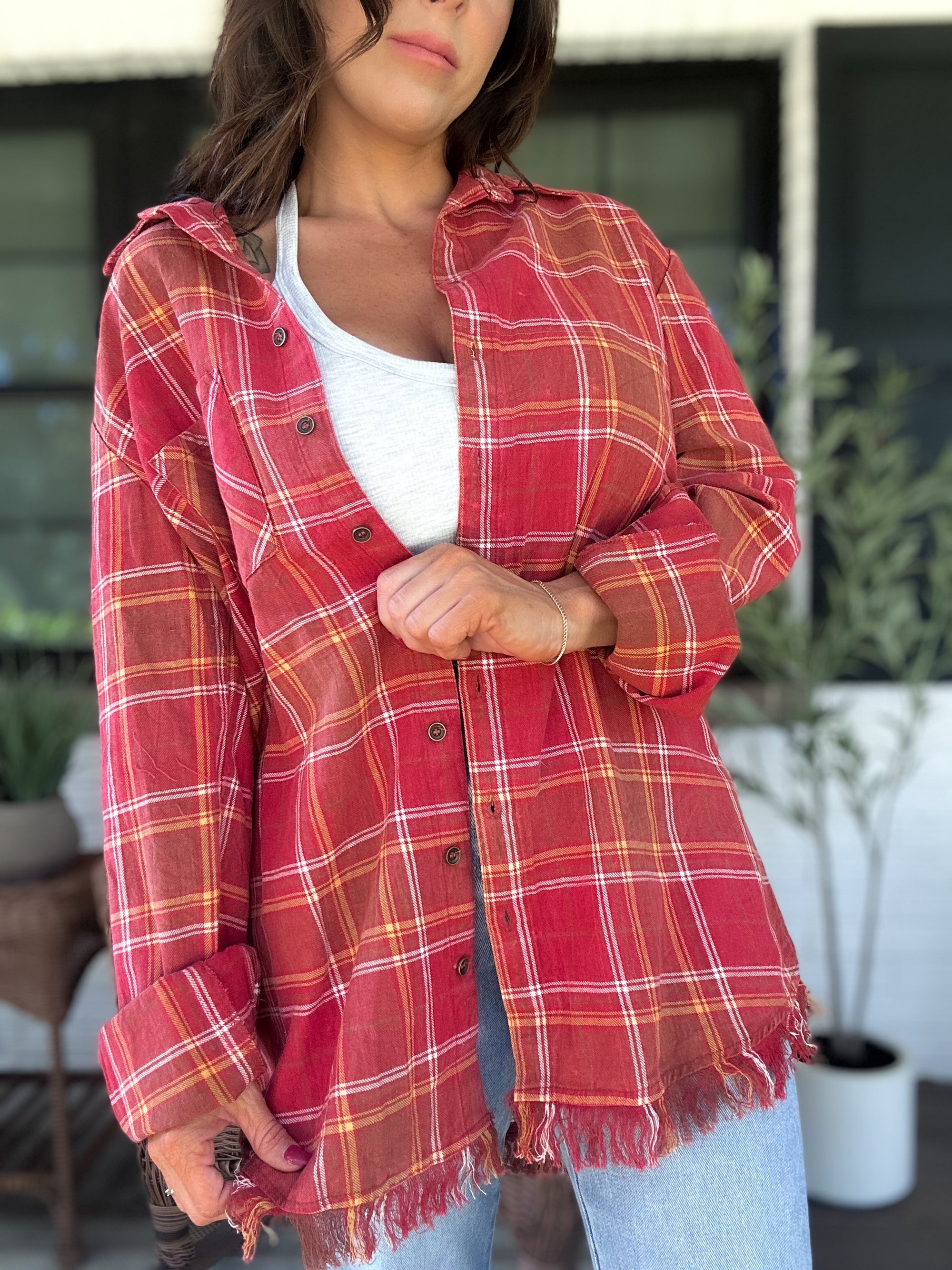 Lana Button Up Flannel Top- Red