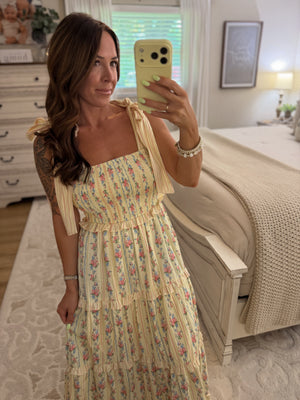 Penni Stripe & Floral Print Bowtie Tiered Maxi Dress