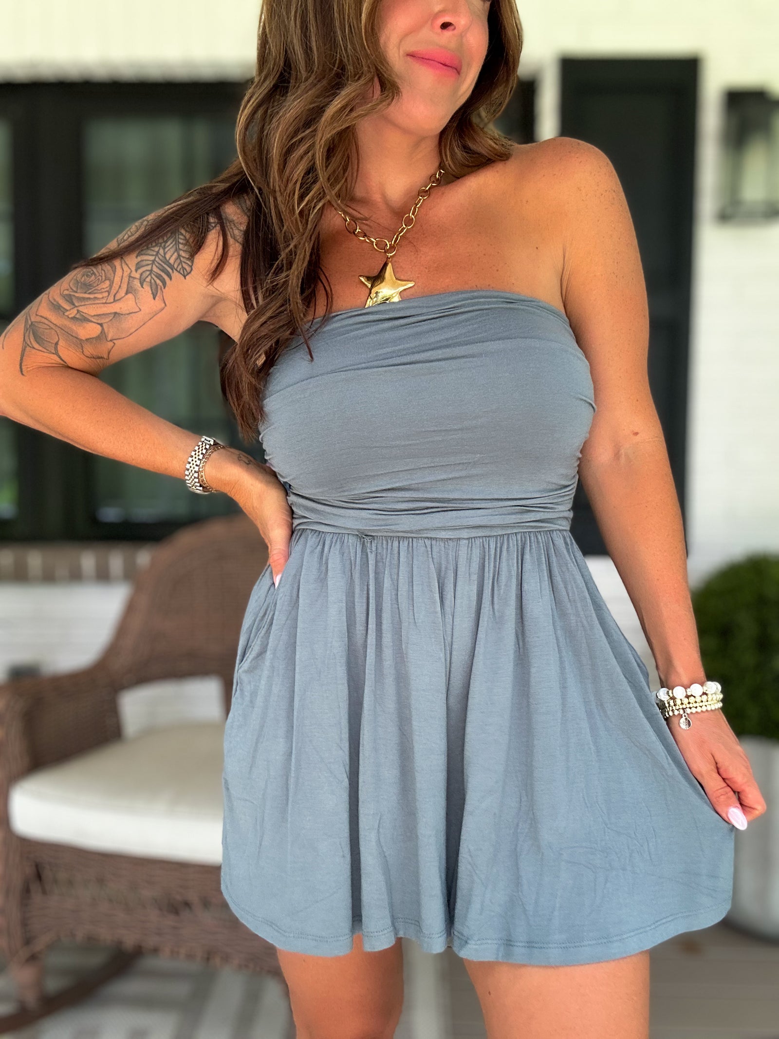 No Worries Strapless Romper - Ash Olive