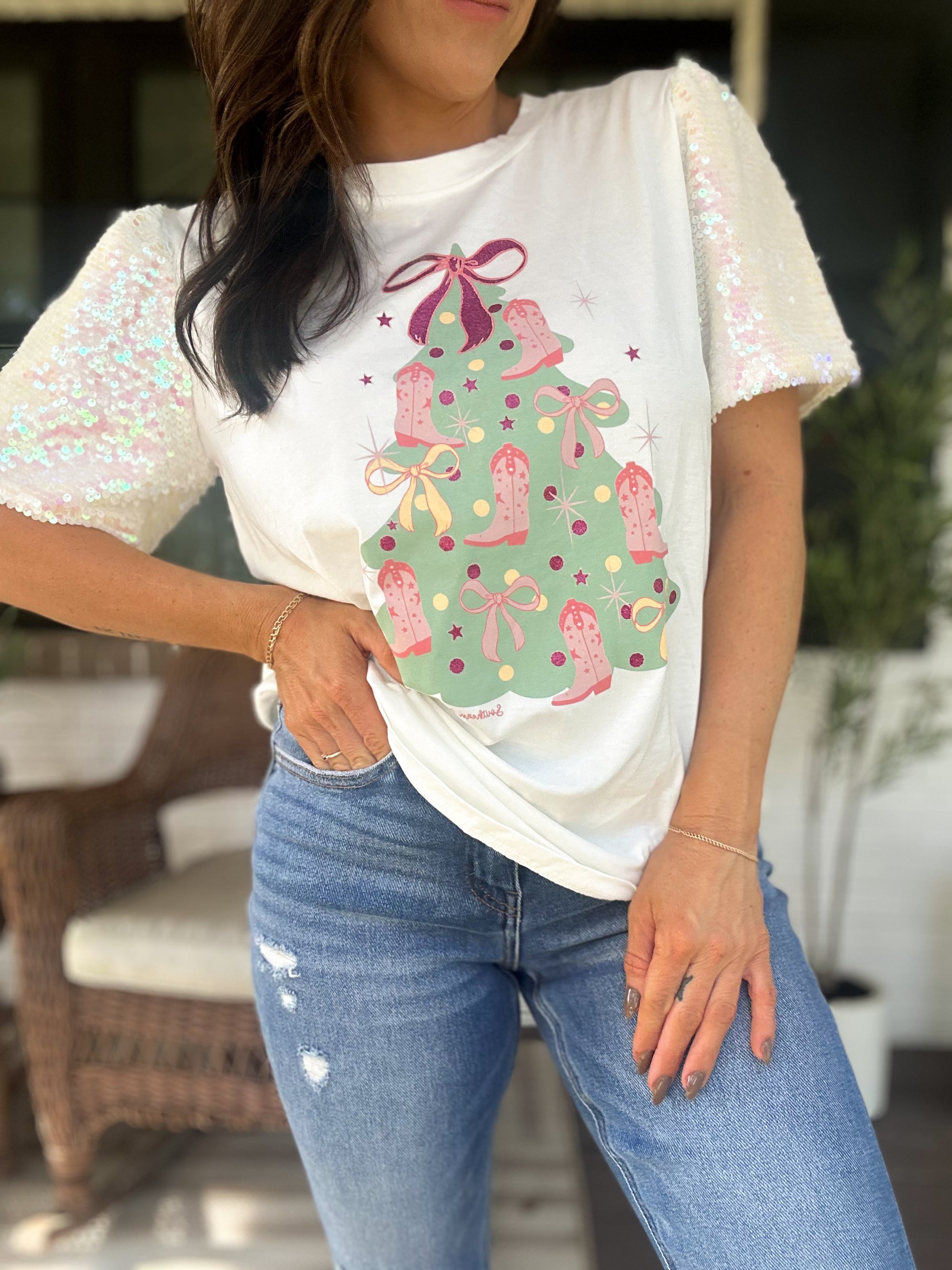 Country Christmas Tee Sequin Top