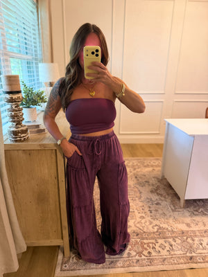 Mason Mineral Washed Tiered Wide Leg Pants - Eggplant
