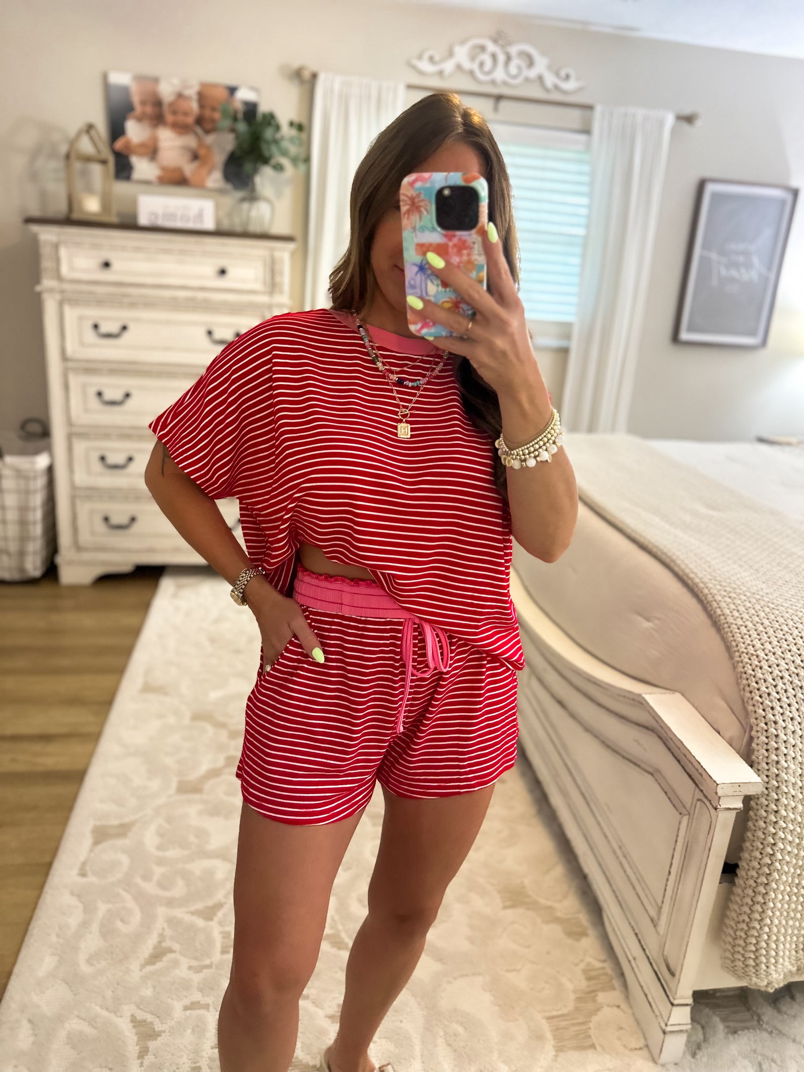 Nikki Striped Knit Shorts - Red/Pink