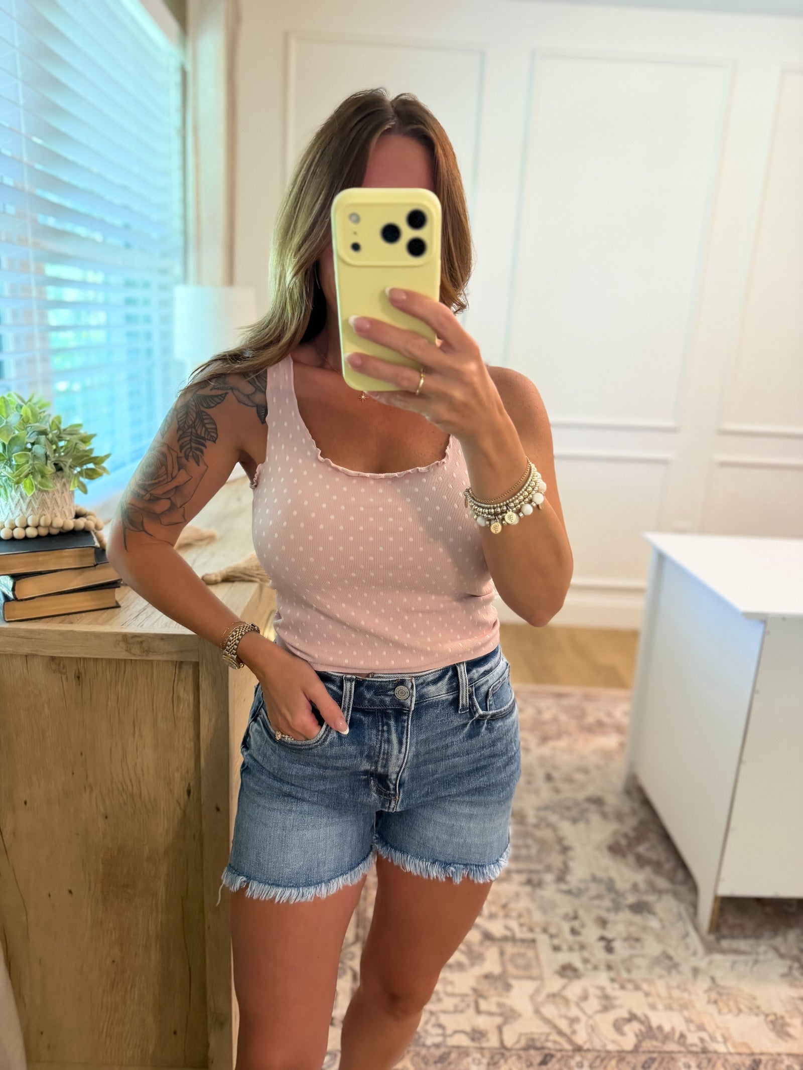 Trey Polka Dot Ruffle Edge Tank - Pearl Blush
